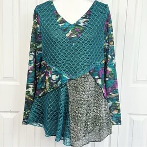 NWT This & That Teal Green Multi Mixed Media Asymmetric Long Sleeve Top XL